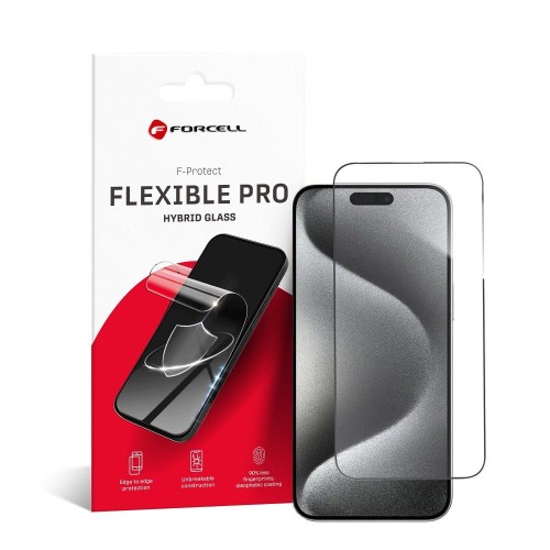 Niepękające szkło hybrydowe 5D na cały ekran Forcell Flexible do iPhone 15 Pro Max – Czarne Ramki