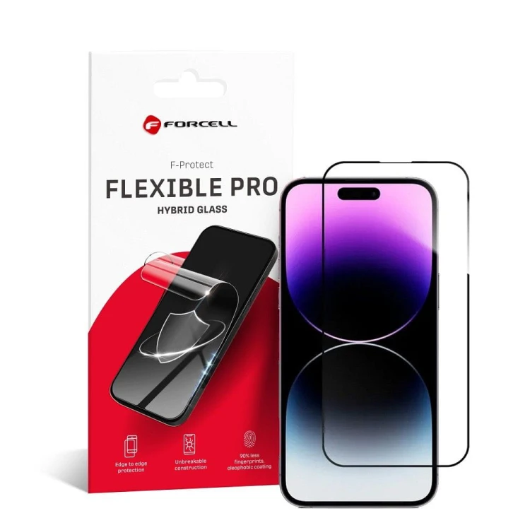 Niepękające szkło hybrydowe 5D na cały ekran Forcell Flexible do iPhone 14 Pro Max – Czarne Ramki