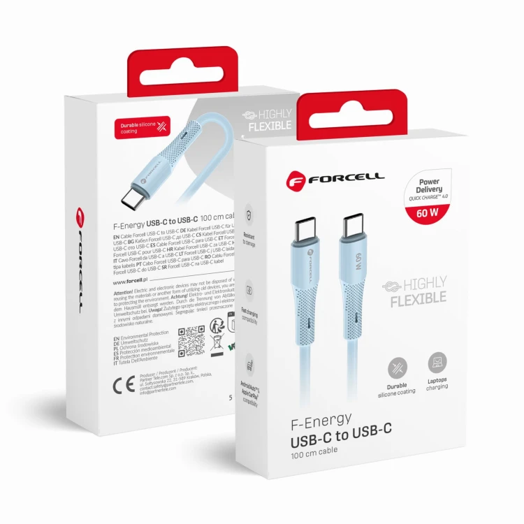 Elastyczny kabel silikonowy USB-C do USB-C Forcell F-Energy C344 60W 3A 1 m – Niebieski