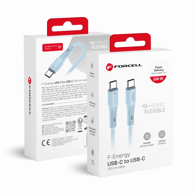 Elastyczny kabel silikonowy USB-C do USB-C Forcell F-Energy C347 100W 5A 1 m – Niebieski