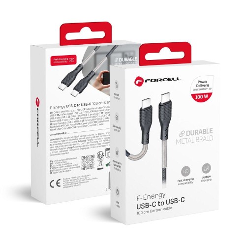 Pancerny kabel w metalowym oplocie USB-C do USB-C Forcell F-Energy CB-04C 100W 5A 1 m – Czarny Carbon