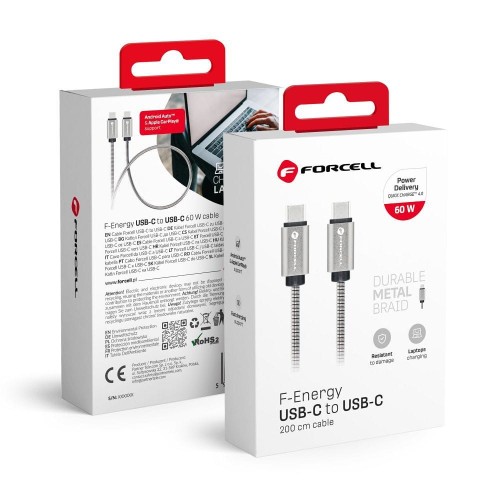 Pancerny kabel w oplocie ze stali nierdzewnej USB-C do USB-C Forcell F-Energy C237 60W 3A 2 m – Srebrny