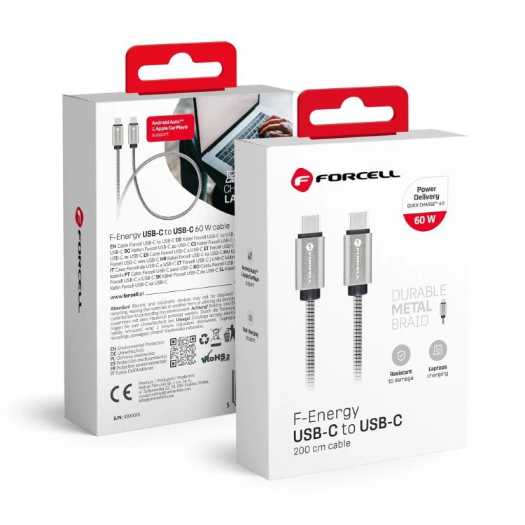 Pancerny kabel w oplocie ze stali nierdzewnej USB-C do USB-C Forcell F-Energy C237 60W 3A 2 m – Srebrny