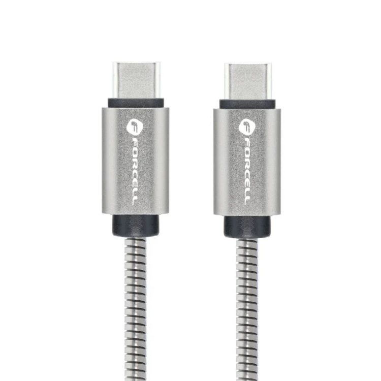 Pancerny kabel w oplocie ze stali nierdzewnej USB-C do USB-C Forcell F-Energy C237 60W 3A 2 m – Srebrny