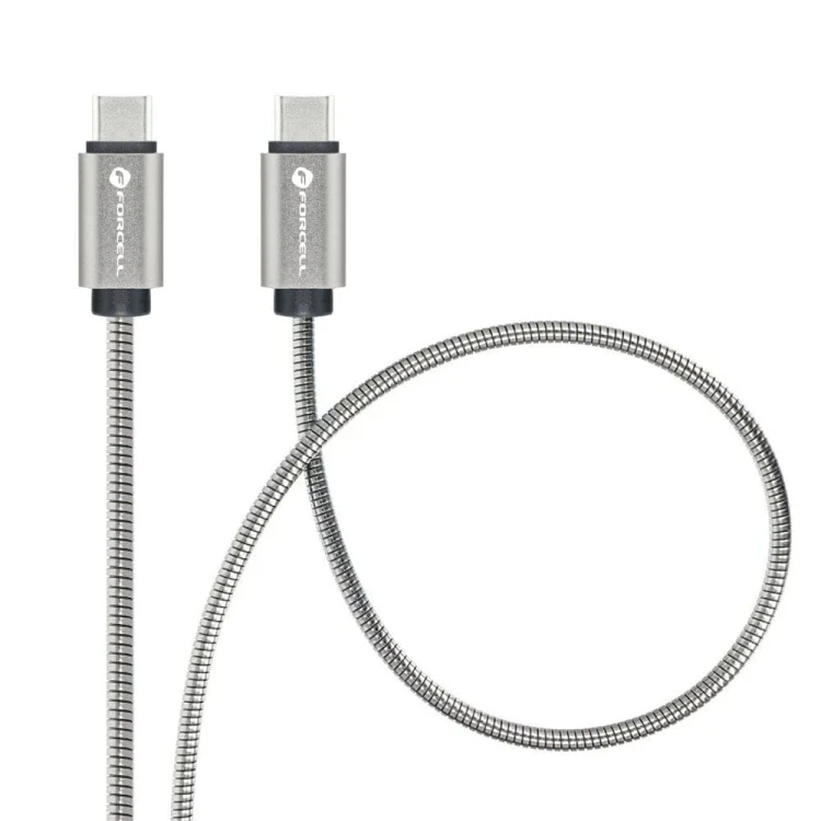Pancerny kabel w oplocie ze stali nierdzewnej USB-C do USB-C Forcell F-Energy C237 60W 3A 2 m – Srebrny