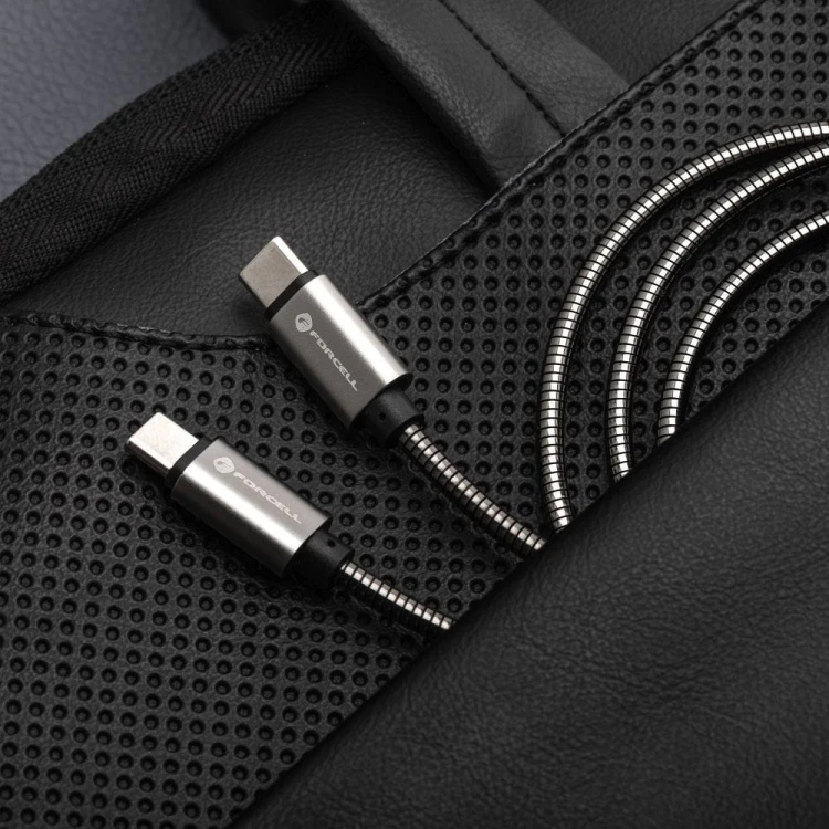 Pancerny kabel w oplocie ze stali nierdzewnej USB-C do USB-C Forcell F-Energy C237 60W 3A 2 m – Srebrny