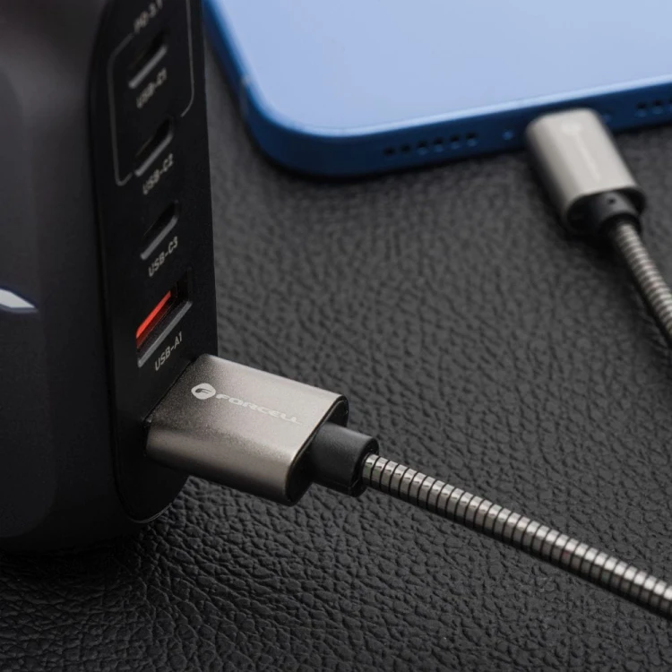 Pancerny kabel w oplocie ze stali nierdzewnej USB-C do USB-C Forcell F-Energy C237 60W 3A 2 m – Srebrny