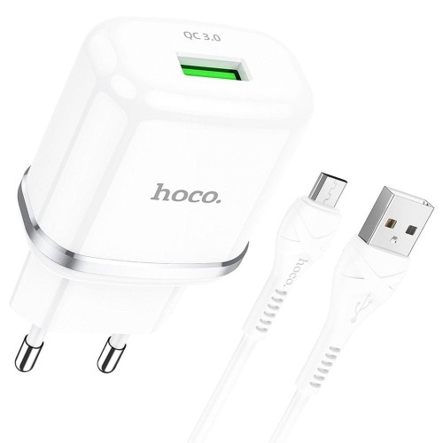 Zestaw ładowarka sieciowa Hoco N3 USB Quick Charge 3.0 18W 3A + kabel Micro USB 1m – biała
