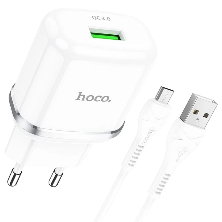 Zestaw ładowarka sieciowa Hoco N3 USB Quick Charge 3.0 18W 3A + kabel Micro USB 1m – biała