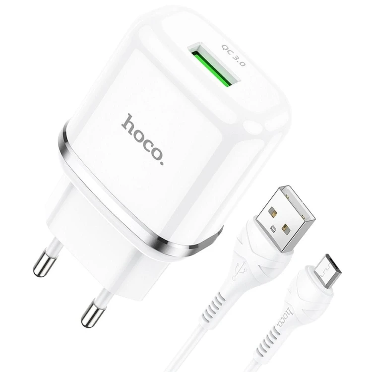Zestaw ładowarka sieciowa Hoco N3 USB Quick Charge 3.0 18W 3A + kabel Micro USB 1m – biała