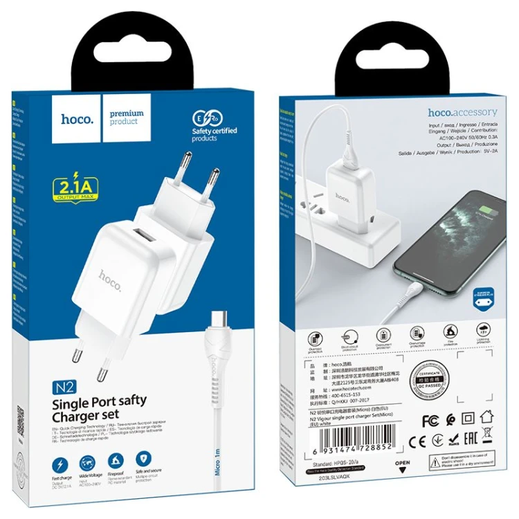 Zestaw ładowarka sieciowa Hoco N3 USB Quick Charge 3.0 18W 3A + kabel Micro USB 1m – biała