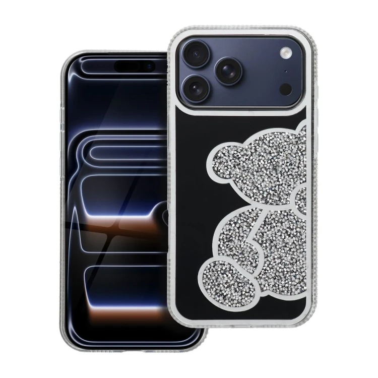 Brokatowe etui ochronne z motywem misia do iPhone 17 Pro Max / 18 Pro Max Teddy Bear – Srebrne