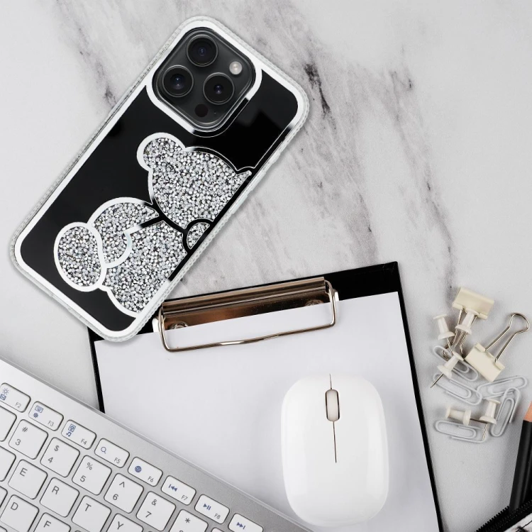 Brokatowe etui ochronne z motywem misia do iPhone 17 Pro Max / 18 Pro Max Teddy Bear – Srebrne