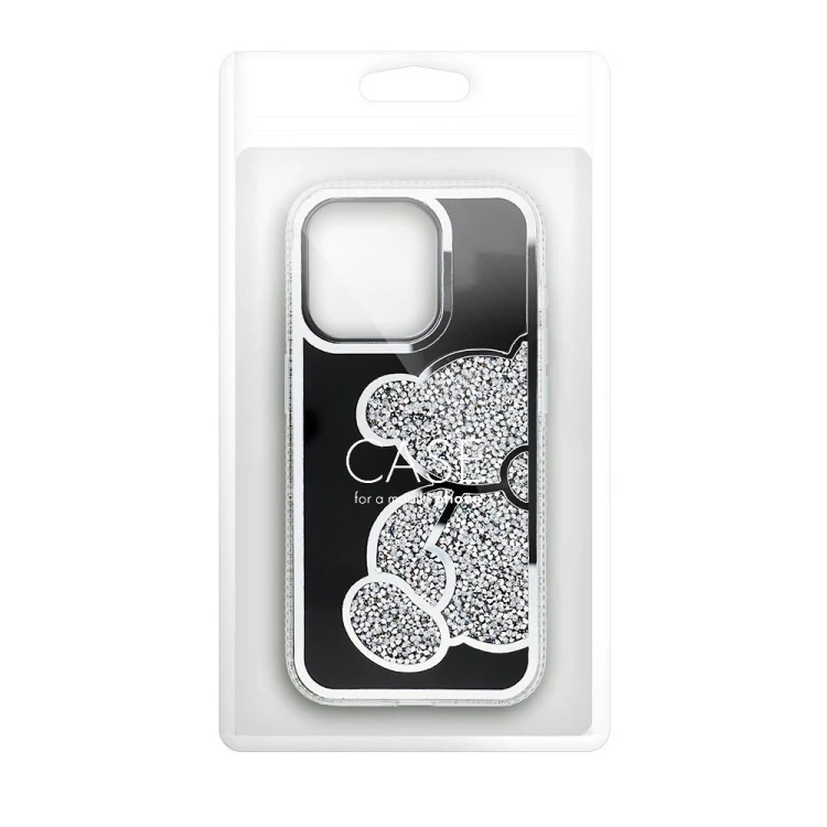 Brokatowe etui ochronne z motywem misia do iPhone 17 Pro Max / 18 Pro Max Teddy Bear – Srebrne