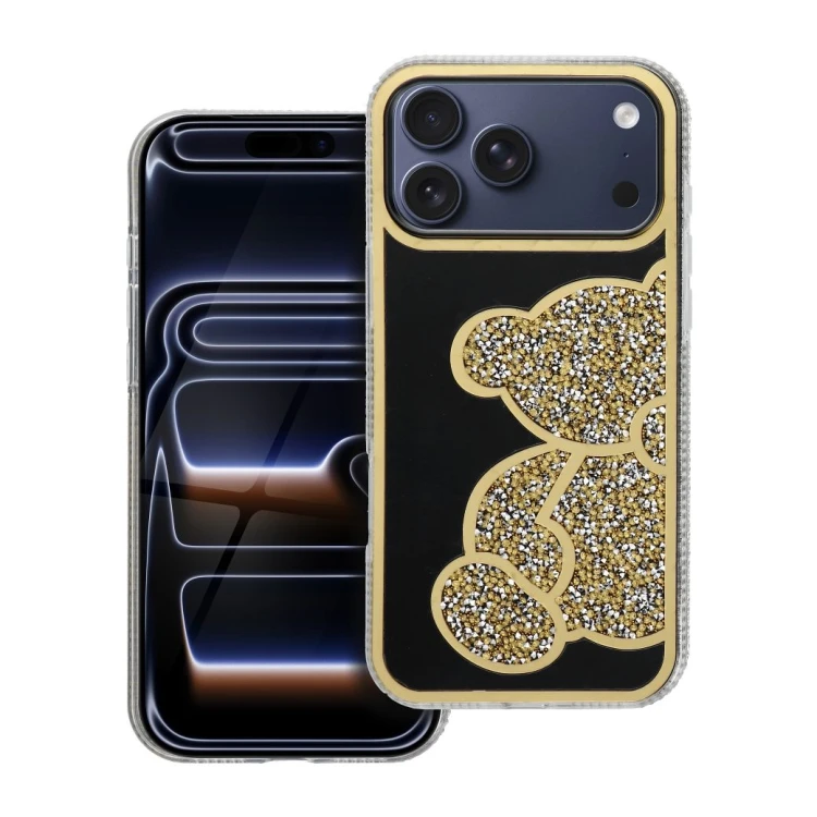 Brokatowe etui ochronne z motywem misia do iPhone 17 Pro Max / 18 Pro Max Teddy Bear – Złote