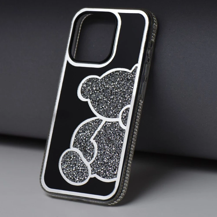 Modne etui ochronne do iPhone 17 Pro / 18 Pro Teddy Bear z błyszczącym wzorem – Srebrne