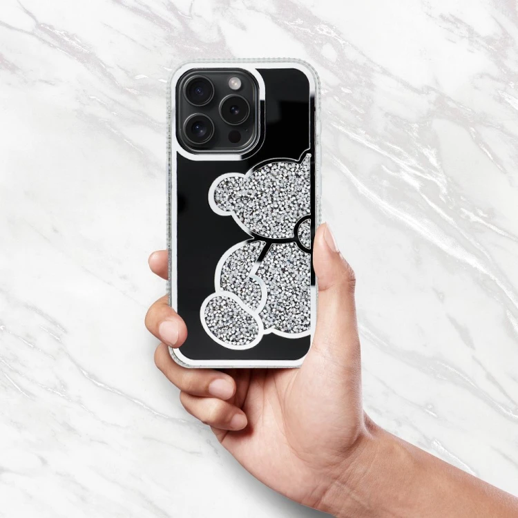 Modne etui ochronne do iPhone 17 Pro / 18 Pro Teddy Bear z błyszczącym wzorem – Srebrne