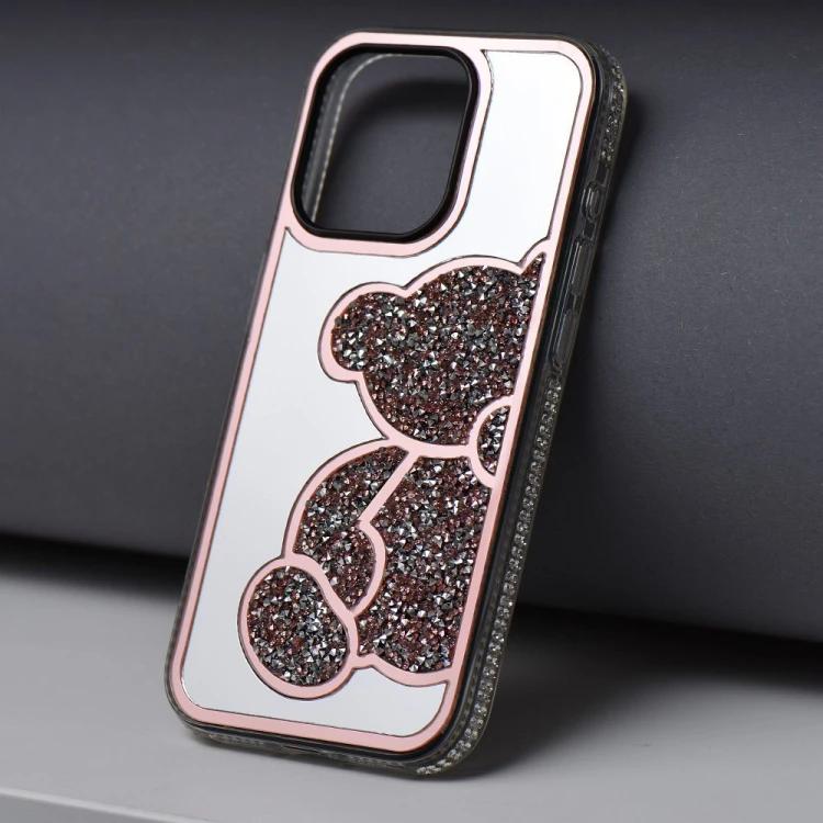 Modne etui ochronne do iPhone 17 Pro / 18 Pro Teddy Bear z błyszczącym wzorem – Różowe