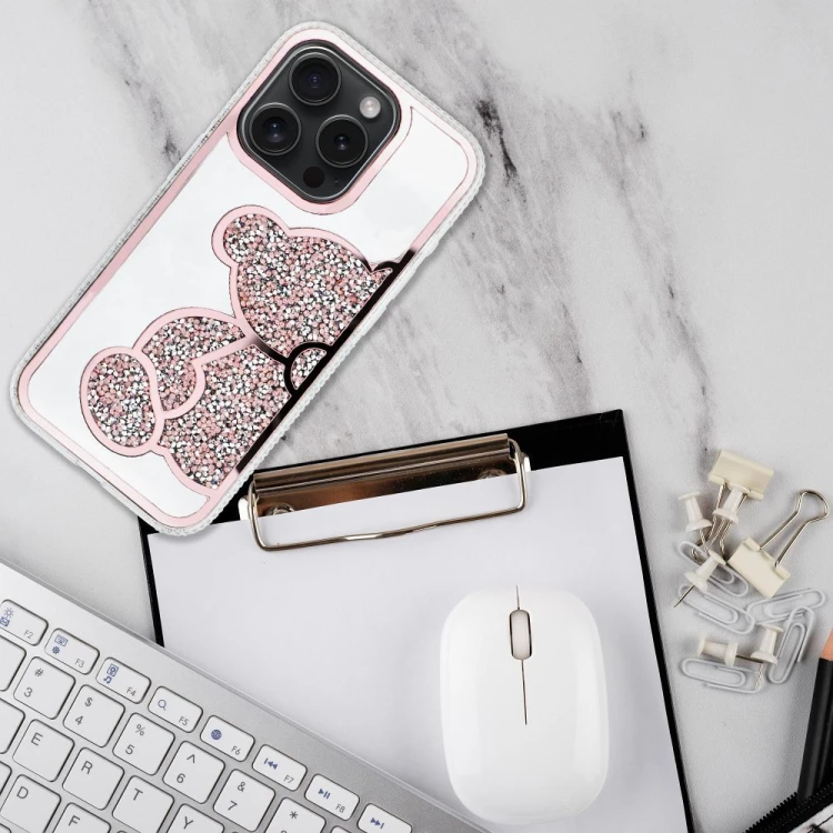 Modne etui ochronne do iPhone 17 Pro / 18 Pro Teddy Bear z błyszczącym wzorem – Różowe